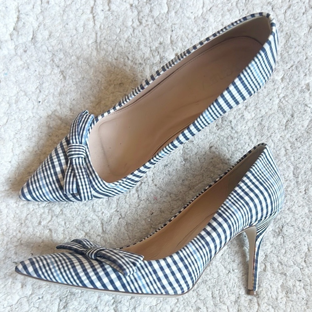 J. Crew Blue White Pointed Toe Pumps Bow Heels Preppy Office Wedding Guest